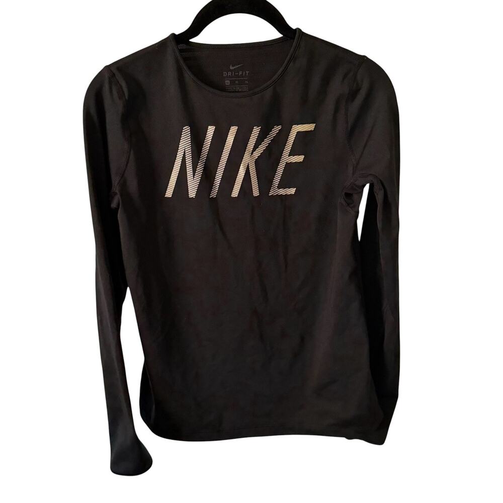 Nike Girls Size XL Tee Pro Warm Graphic Long Sleeve Top Black Striped Shirt